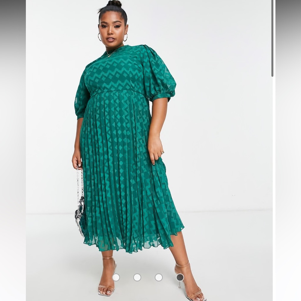 Chic Teal Midi Dress with Puff Sleeves
